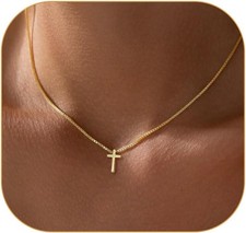 Gold Cross Necklace for Women, Trendy 14K Plated Charm Cross-Box Chain