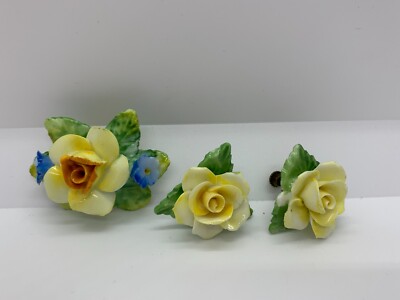 VTG Artone Bone China Flower Brooch Pin & NScrewback Earrings Set England Yellow