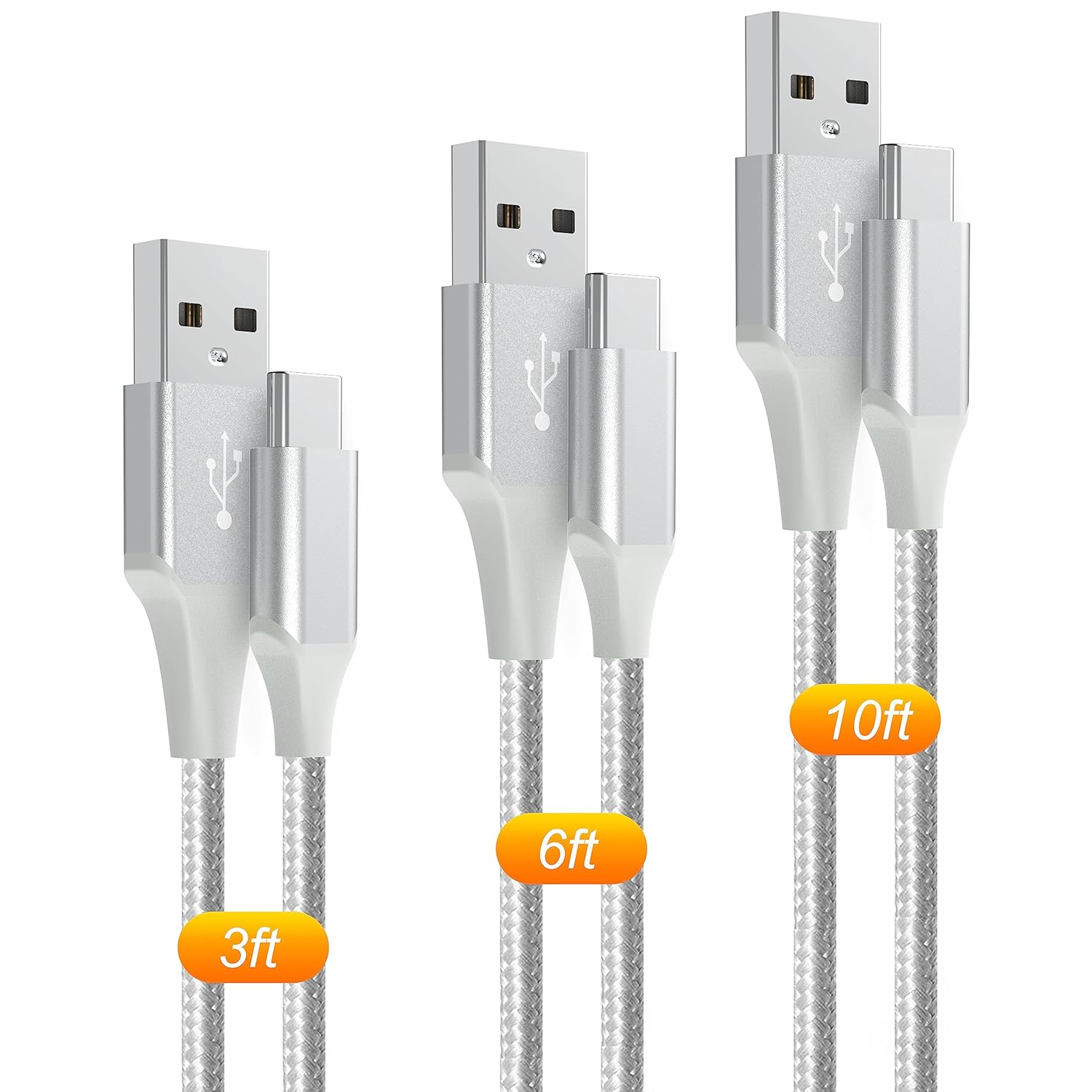 3-Pack USB-A to USB-C Fast Charging Cables (10Ft/6Ft/3Ft) with 3A Power & Durable Nylon Braid-image
