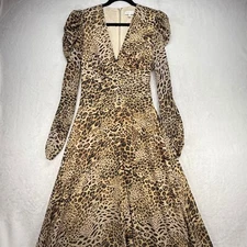 Rony Kobo Leopard Print Maxi Dress Long Sleeve V Neck Party Cocktail M