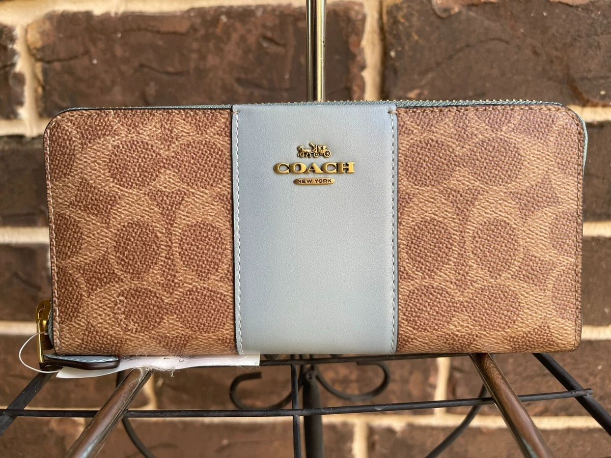 NWT Coach Signature Colorblock Slim Accordion Zip Wallet Tan Aqua Blue 73739