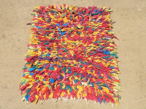 Rare Colorful Vintage Hand Woven Rag Rug Marmalade 25x36" Cotton