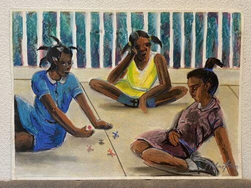 Quadro acquerello pastello originale arte popolare bambini che giocano afroamericano - Foto 2 di 15