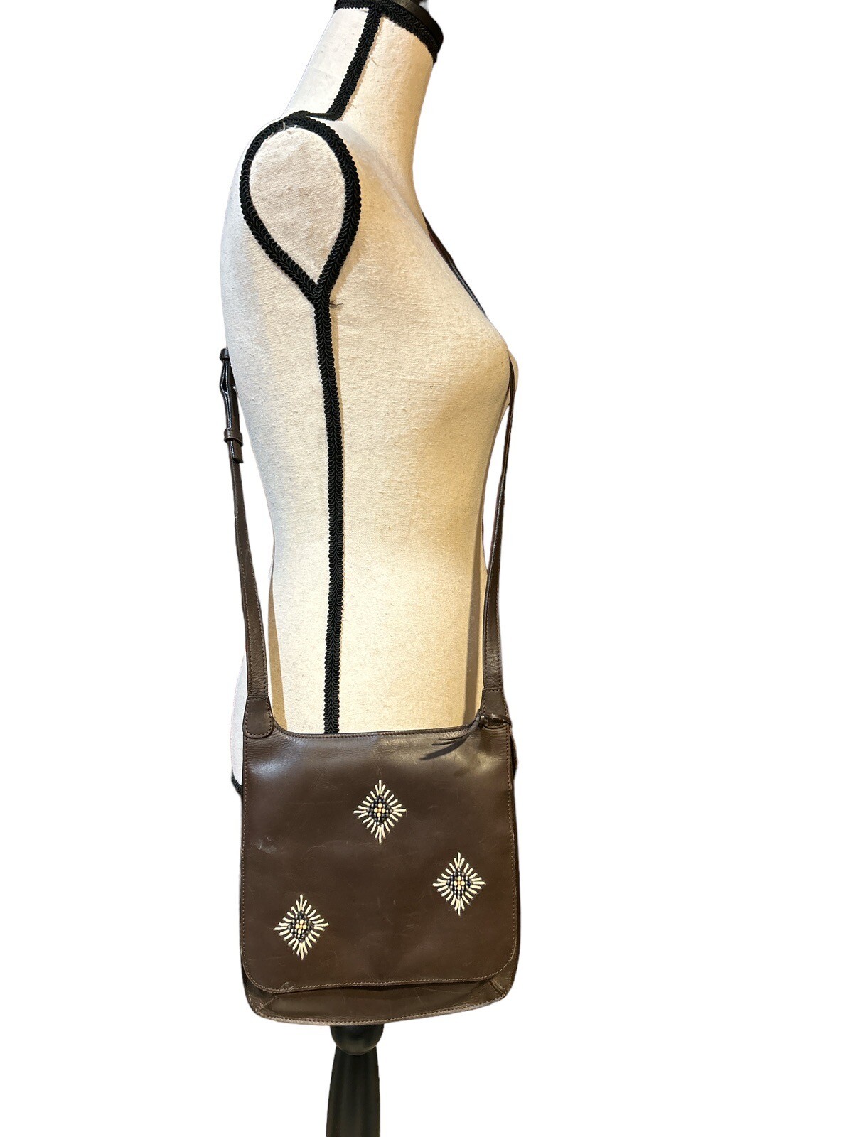 ROLFS Dark Brown Slender Leather Crossbody Bag with Boho Beaded Detailing