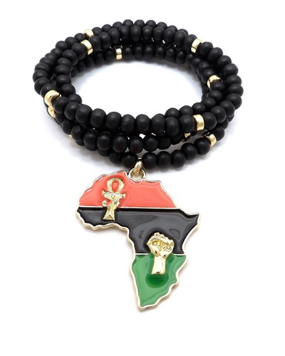 NEW FIST POWER & ANKH AFRICA PENDANT 6mm/30" WOODEN BEAD CHAIN NECKLACES RC3228 - Picture 3 of 13