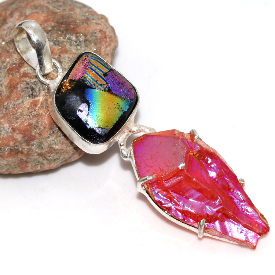 Pink Titanium Aura Quartz Dichroic Glass Long Gemstone Pendant 2.7