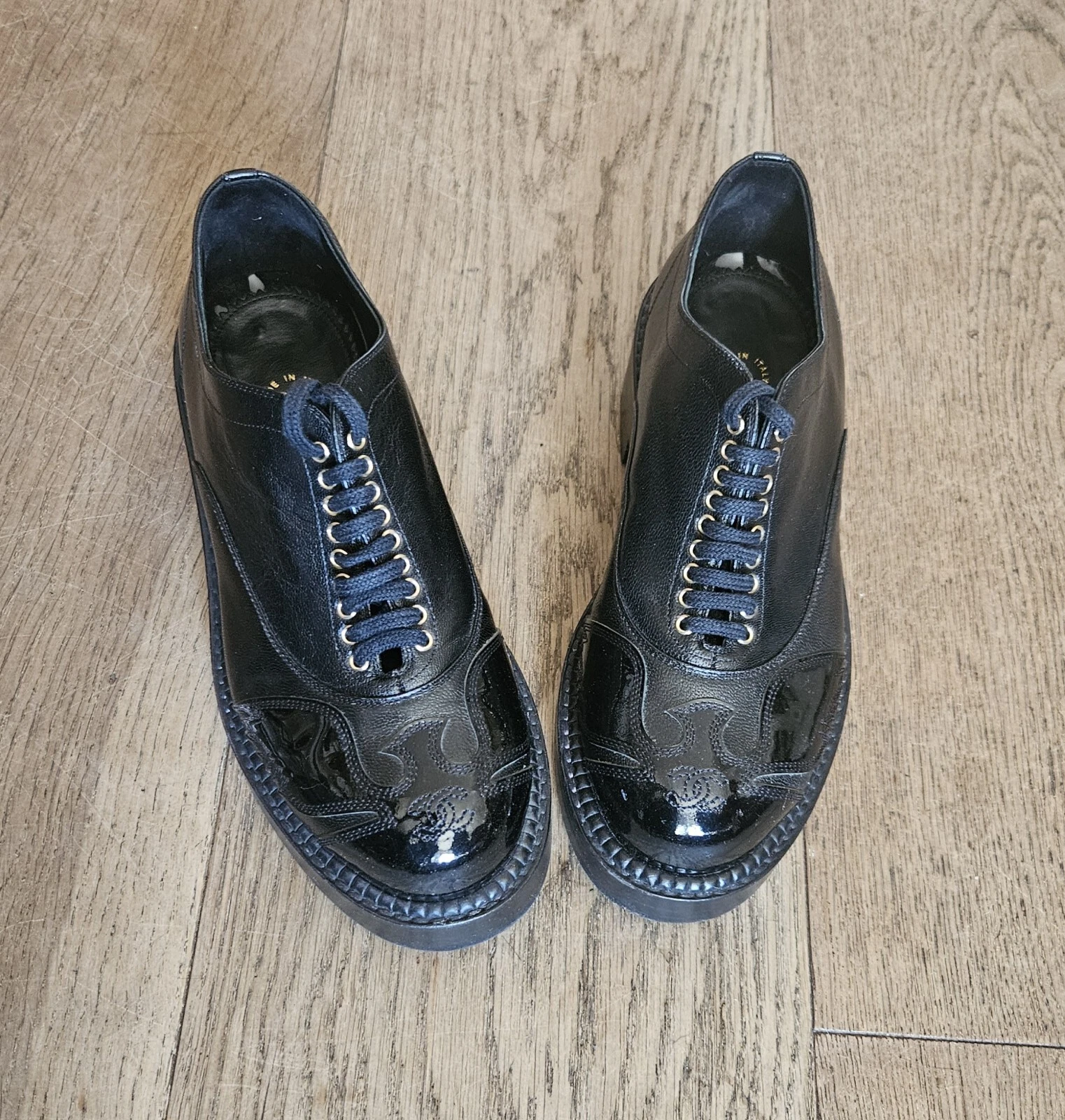Chanel — CHANEL  Black Patent Leather Side-Lace Ankle Boots Size 35.5