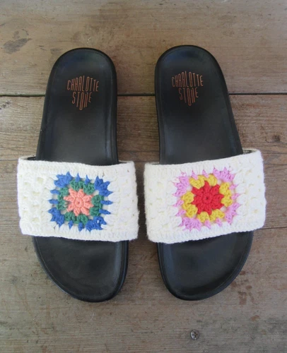 Charlotte Stone Granny Square Crochet Women's Size 11 Slides | Cottagecore