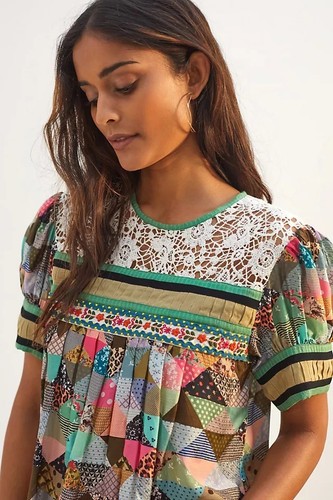 Anthropologie Patchwork Embroidered Lace Blouse Verb by Pallavi Singhee XS NWT