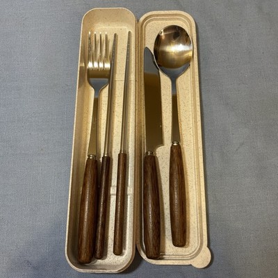 Stainless Steel Knife Fork Spoon Chop Teak Handle Portable Travel Box Cutlery
