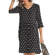 Garnet Hill Women’s Boho Black Print Long Sleeve Pocket Dress Lined Sz 2 (S) NWT