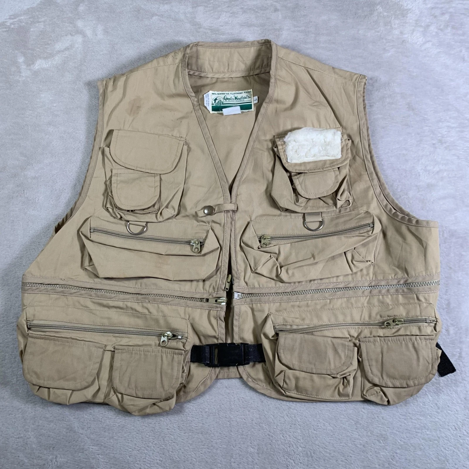 Vintage Gander Mountain Vest Mens Large Khaki Fishing Multi Pocket Fly 80s 90s
