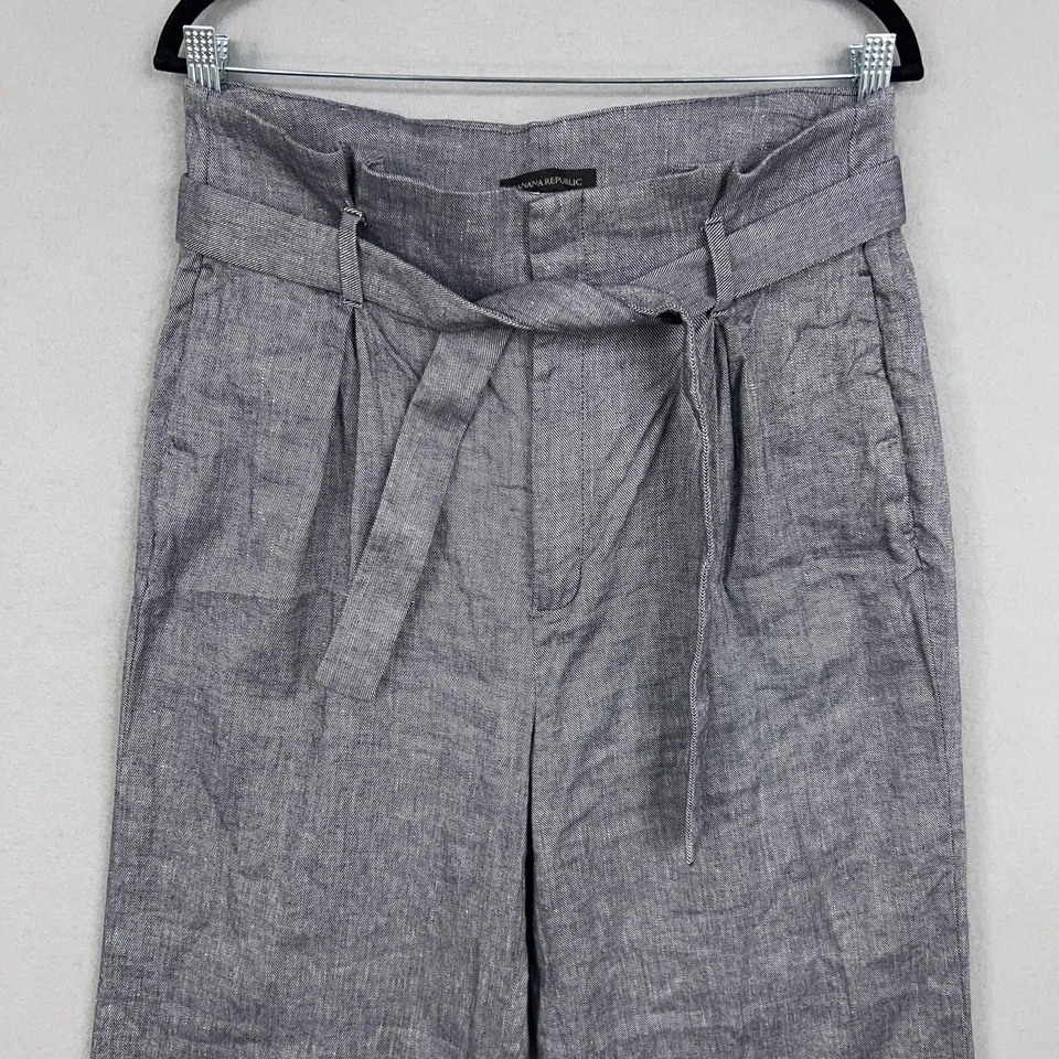 Banana Republic Pants Womens 12 Gray Linen Blend Paperbag Tie Belt Wide Leg - Image 2 of 4
