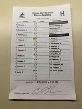 Official Batting Order Miami Marlins Game Used 4/17/26