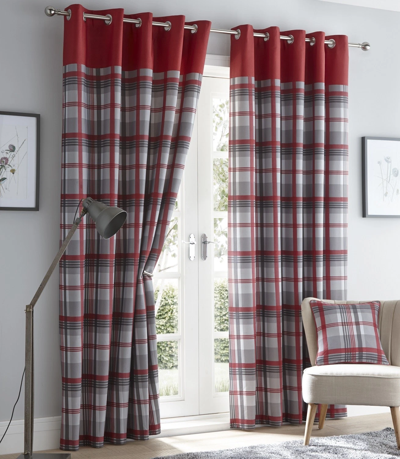 Tartan Check Lined Curtains Eyelet Ring Top Curtains 90" x 90" 229cm Red & Grey