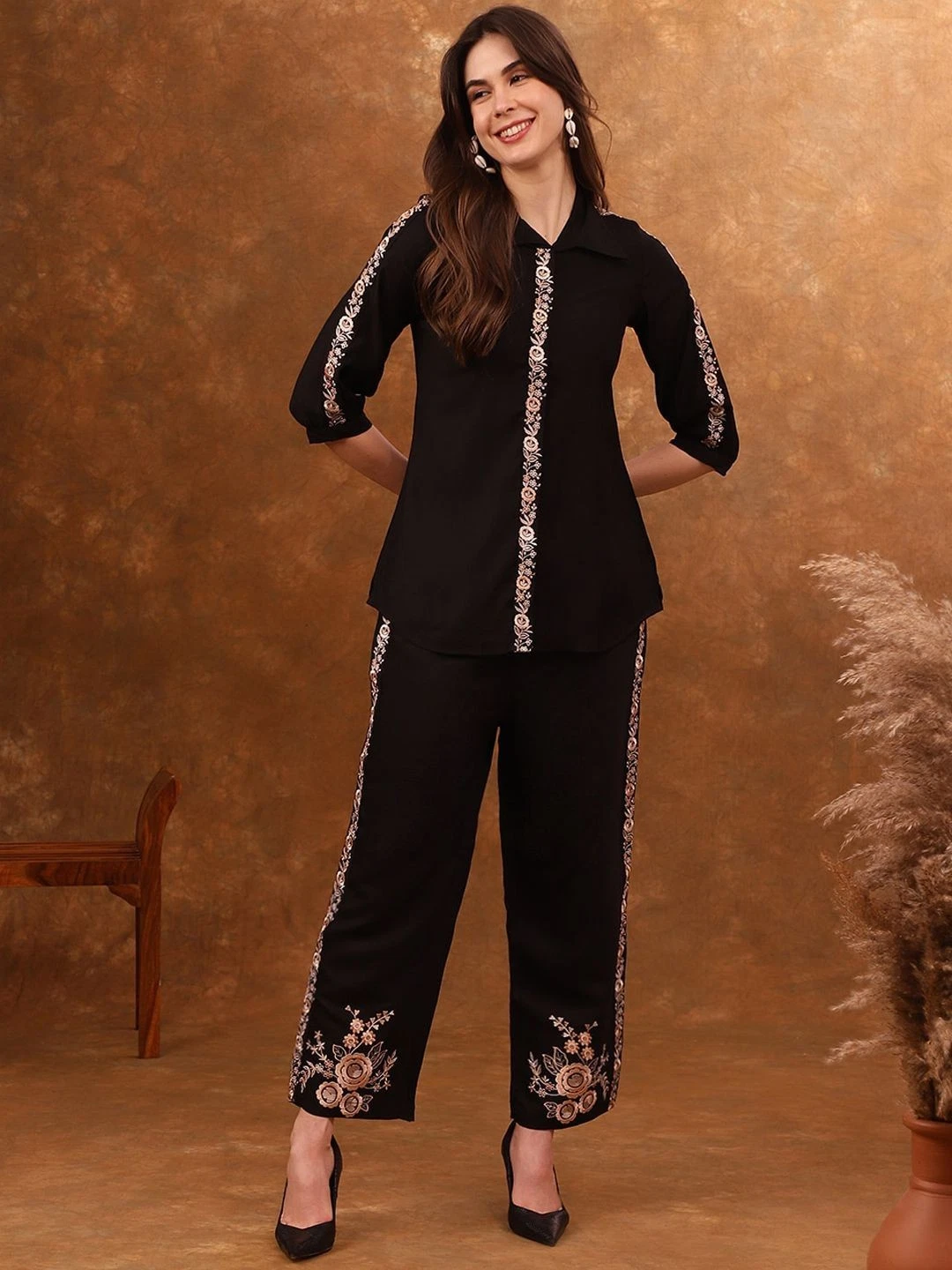 Black Embroidered Co Ord Set Women Floral Shirt Top Pant Matching Outfit