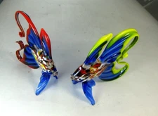 blown glass animals 2 Betta Gold fishes blue murano style figurine handmade  4"