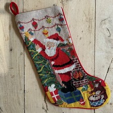 Christmas Needlepoint Stocking Santa Putting On Star Tree Finished