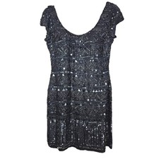 Vintage 90s Scala 12 Black Silk Beaded Sequin Glam Mini Dress Cocktail Formal