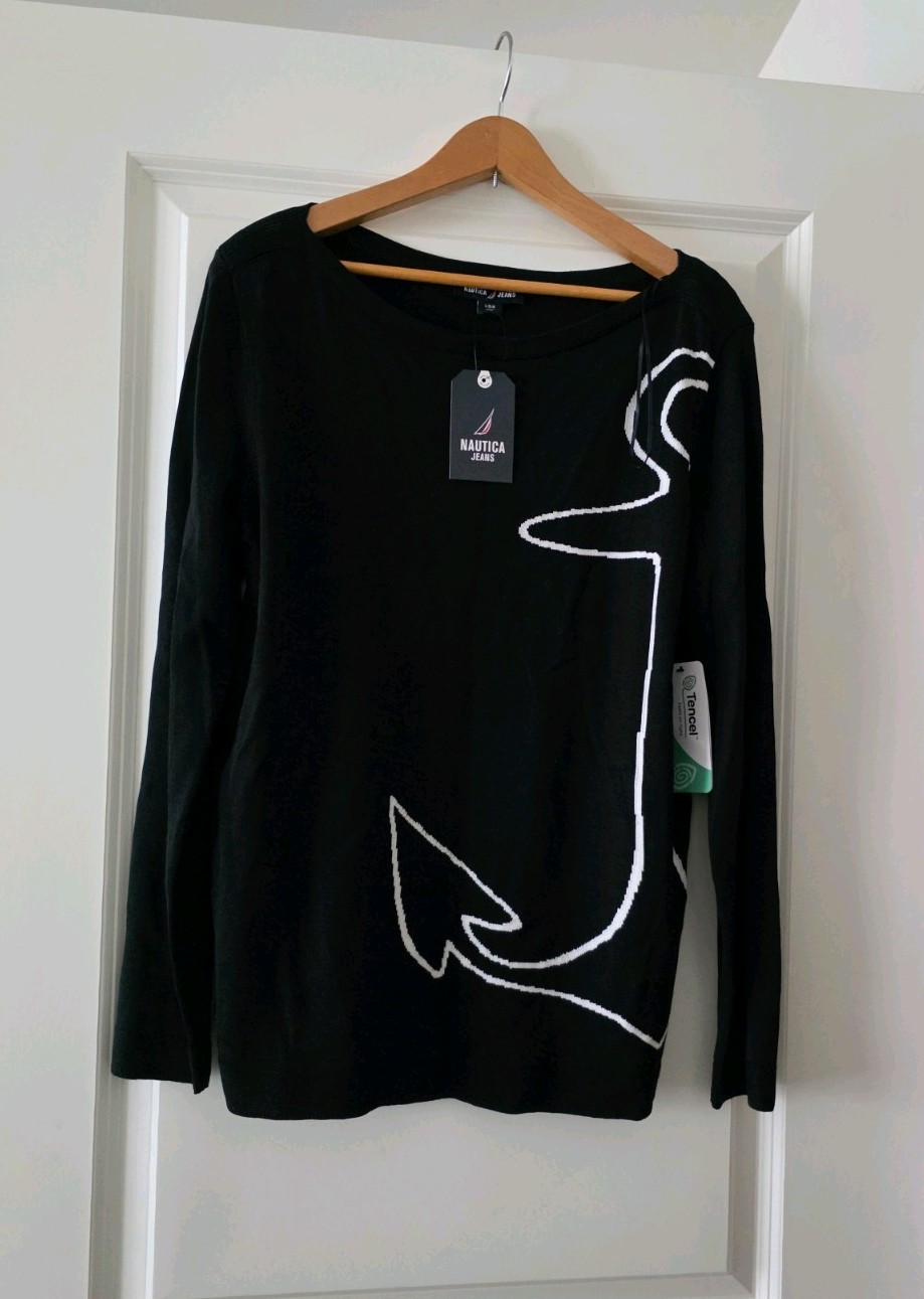 Nautica Coastal Anchor Boat Neck Sweater Womens L Black White Preppy Chic NWT