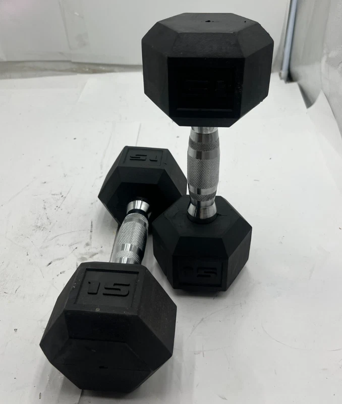 Two 15lb Rubber Hex Dumbbells Black