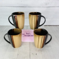 Home Trends BAZAAR BROWN Stoneware Square Tan Stripes 16 oz Cups Mugs Set of 4