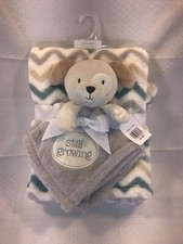 NEW Baby Gear Grey Tan Puppy Dog Still Growing Plush Lovey Chevron Blanket Set