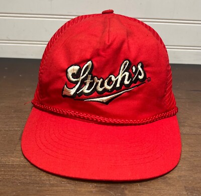 Vintage 1980S STROH'S Beer Brewery Mesh Snapback Red Trucker Hat