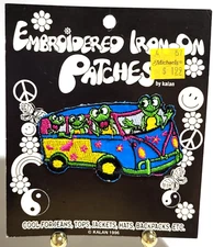 Vtg NOS Embroidered Iron-on Patches by Kalan Frogs In VW Microbus Volkswagen Van