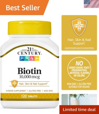 Biotin 10,000 mcg Tablets - 120 Pleasingly Unflavored & Gluten-Free Beauty Boost