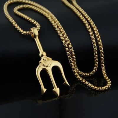 Men's Gold Poseidon Trident Pendant Necklace Punk Rock Biker Jewelry Chain 24''