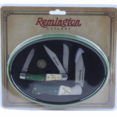 Remington Pin Tails Lockback Stockman Knife Gift Set Tin White Bone Green Wood