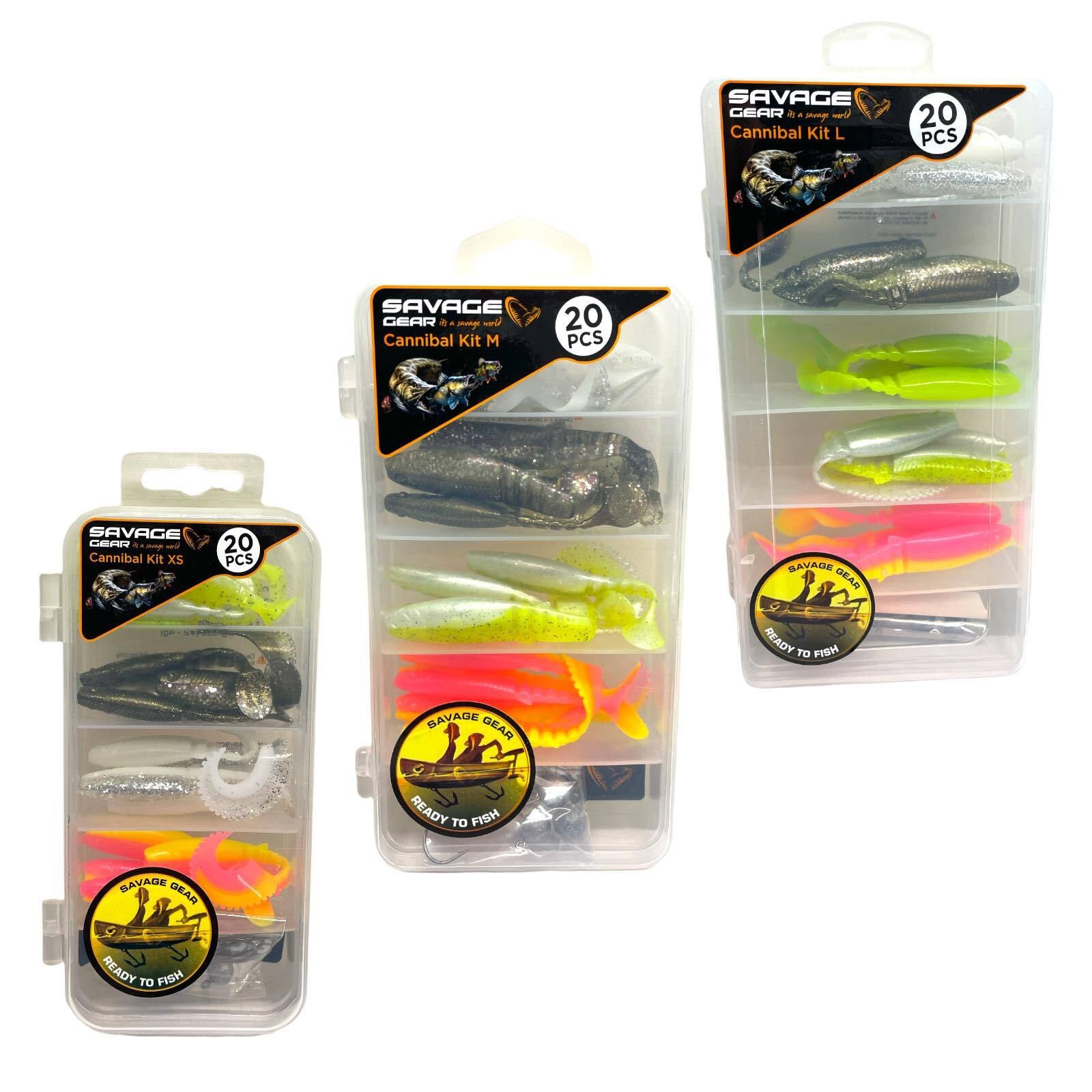 SAVAGE GEAR CANNIBAL LURE BOX KITS 20Pcs FULL RANGE SIZES XS, S, M, L