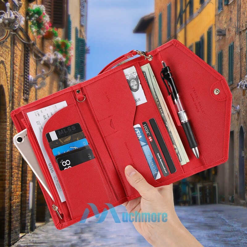 Red Anti-Theft RFID Passport Holder Wristlet with Zipper for Travel Cards Phone-image