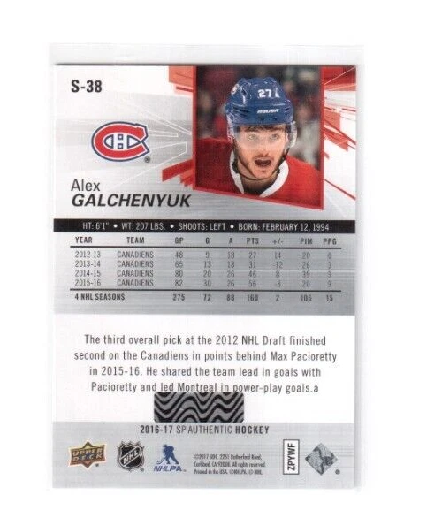 2016-17 SP Authentic Spectrum Card S-38 Alex Galchenyuk Montreal Canadiens (SP) - Image 2 of 2