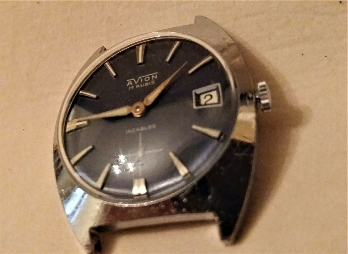 AVION WATCH SUISSE OROLOGIO MECCANICO BLU DIAL VINTAGE 17 RUBIS