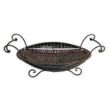 Woven Rattan and Metal Oval Basket Footed w/Handles 16.5 x 6 x 7.75
