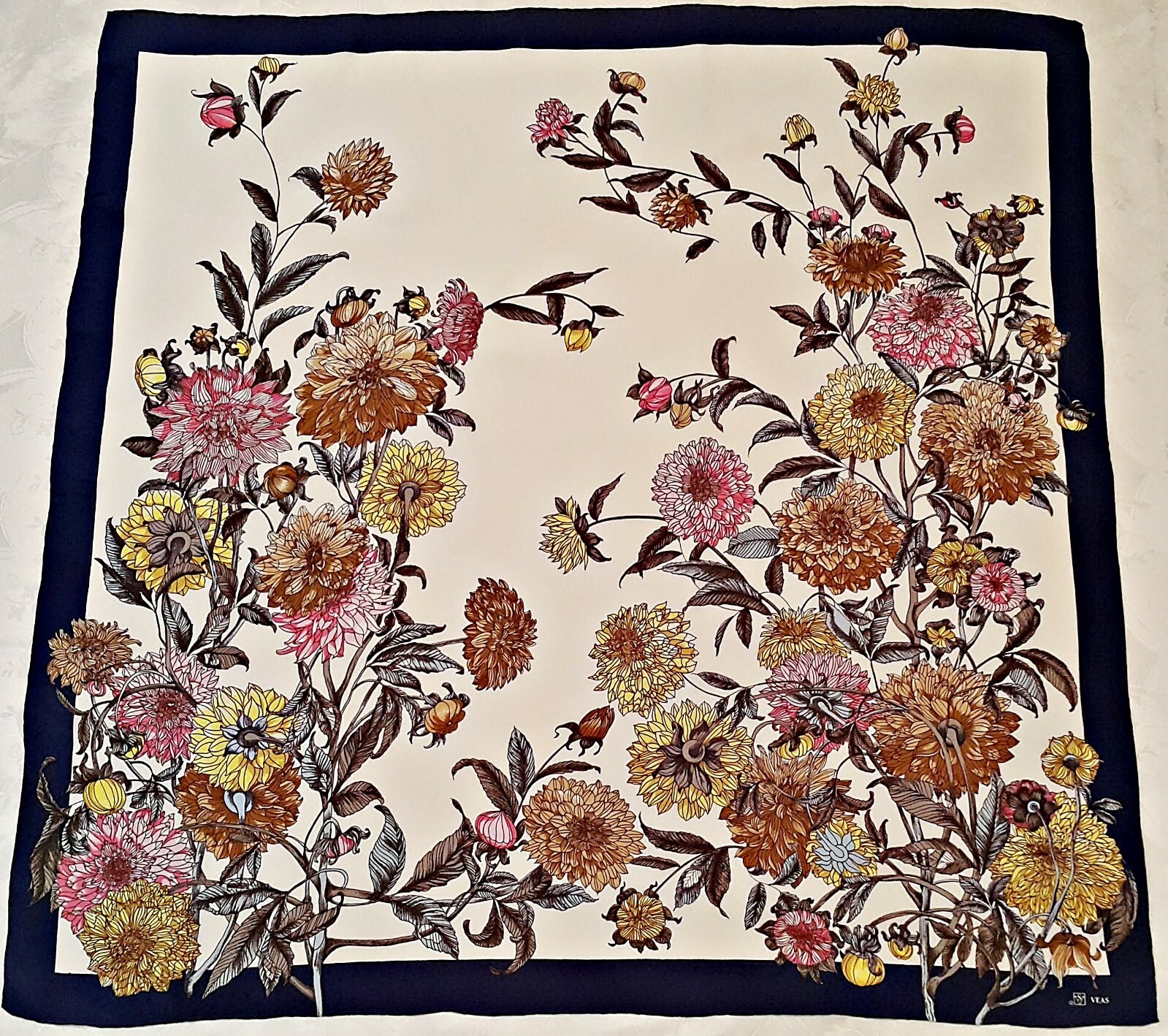 Vintage Veas Floral Art Blue White Silk Scarf 42