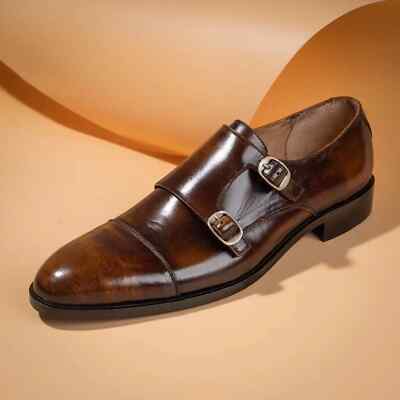 Handmade Men Leather Dress Shoes Double Monk Strap Brown Formal Round Toe