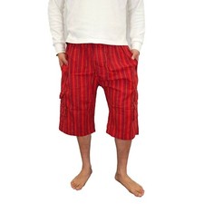 Mens Red Cargo 3/4 Pants Striped Cotton Hippie Summer Bohemian Long Shorts Boho