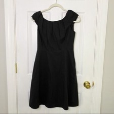 ANNI KUAN Black Cap Sleeve Pleated Neckline A-Line Dress Size 4 Workwear Modest