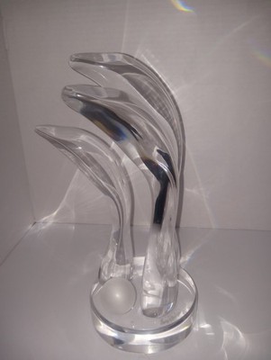 Lucy Phelps  12''x 5'' 3 Arm Dolphin & Frosted Orb Lucite Art Sculpture Signed 