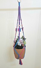 Macrame Cotton Cord Plant Hanger 35 1/2" Wooden Beads Metal Ring Blue and Pink