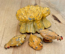 Vintage Johillco Painted Lead Miniature Chickens and Hay England, Haystack 1.25"