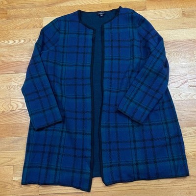 Talbots Merino Wool Cardigan Woman 2X Blue Plaid Open Dark Academia Classic