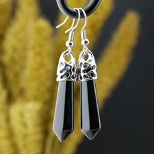 Natural Obsidian Crystal Point Earrings Black Stone Silver Jewelry Boho Gift