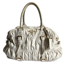 PRADA Tote Bag Gathered All Leather White Hardware Italy Rare Simple Elegant