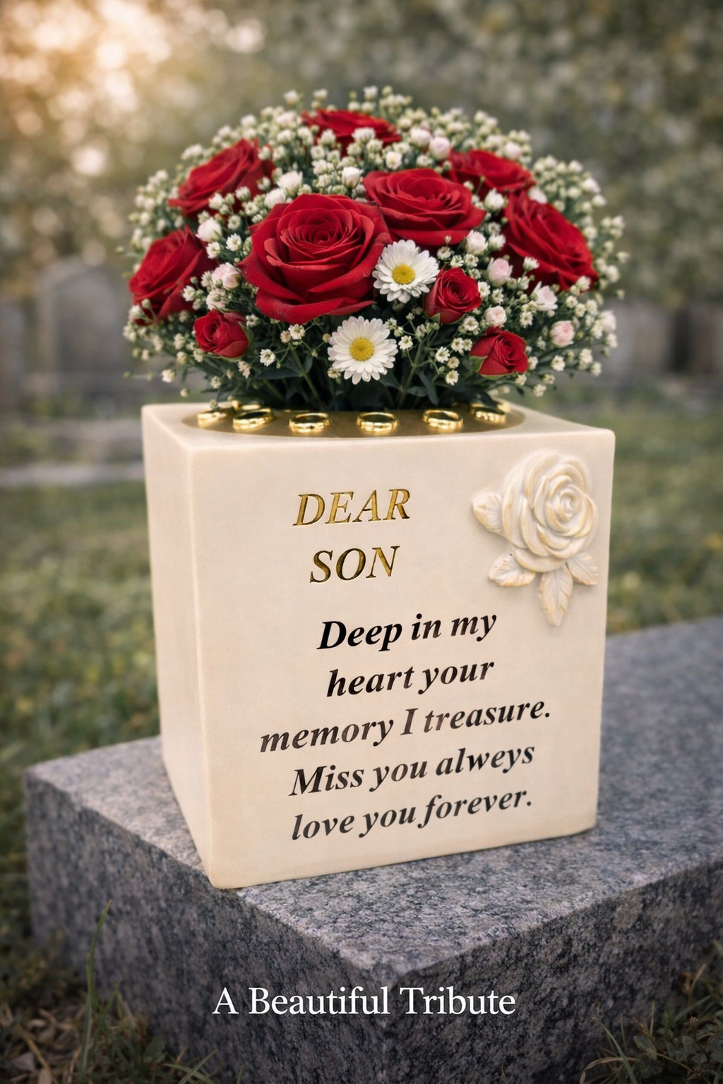 Son Memorial Flower Vase Rose Bowl Holder Pot Graveside Ornament Cemetery