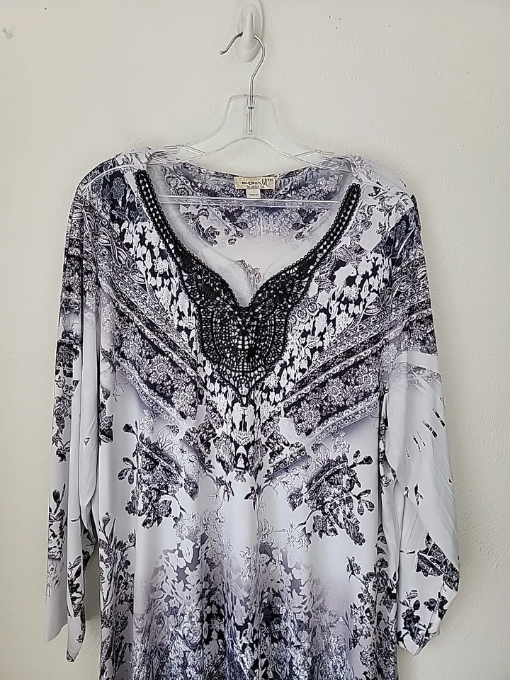 ONE WORLD Tunic Top or Dress 2XL White Black Stretch Sharkbite Hem Festival  - Image 2 of 4