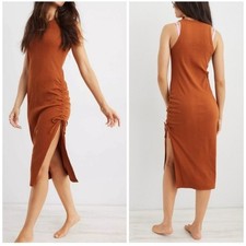 Aerie Copper Brown Ruched Ribbed Midi Dress size small